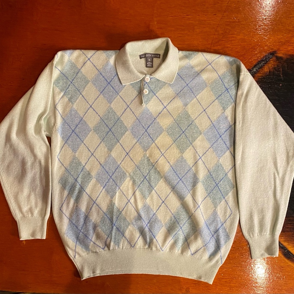 Vintage SAK 5th ave cashmere Men's Argyle Sweater Light Blue and Cream size XL